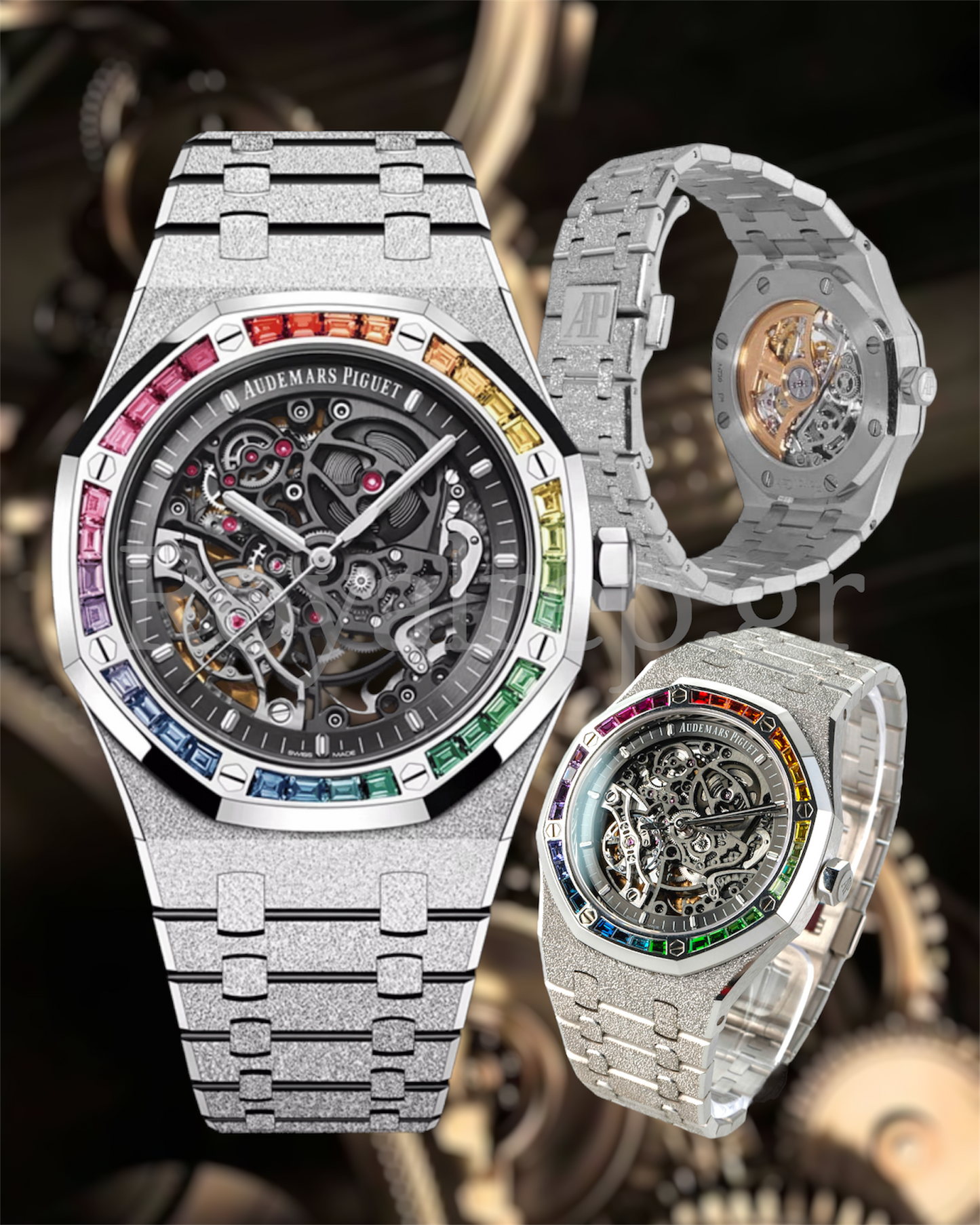 Audemars Piguet Royal Oak Rainbow Crystals Bezel Double Balance Wheel Openworked Frosted Steel 41mm 15412 BC.YG.1224BC.03‑B