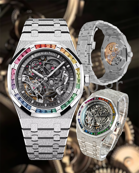 Audemars Piguet Royal Oak Rainbow Crystals Bezel Double Balance Wheel Openworked Frosted Steel 41mm 15412 BC.YG.1224BC.03‑B